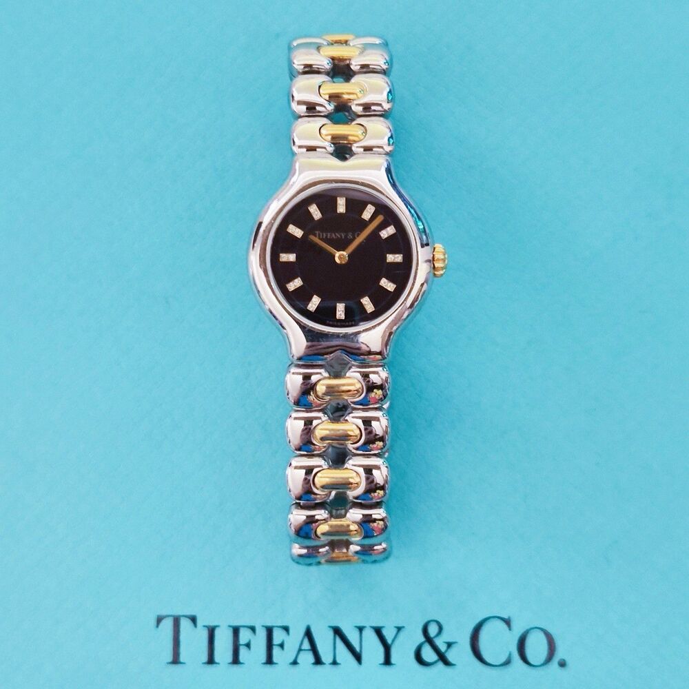 Vintage Tiffany & Co. Tesoro Diamond Black Dial 18K Gold Stainless Steel Quartz